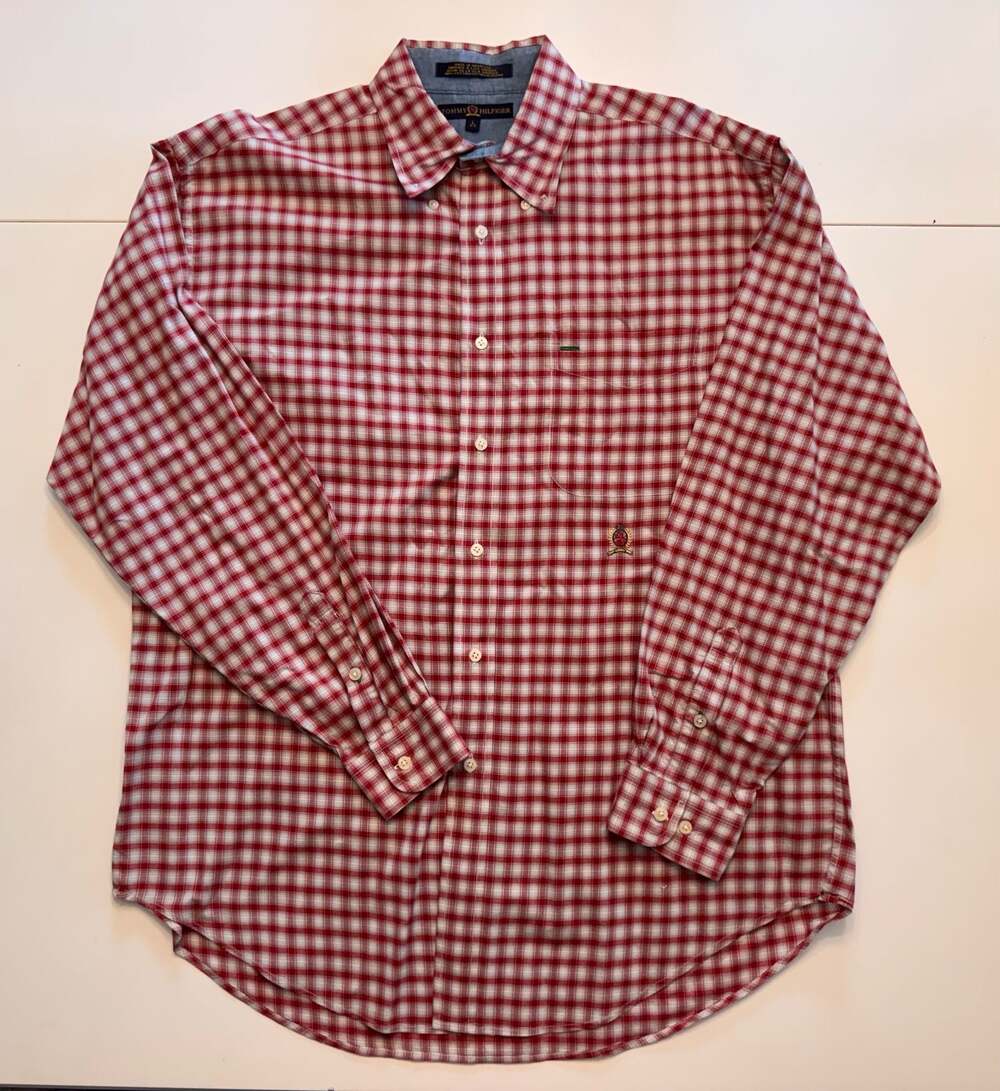 Tommy Hilfiger Men's Red White Gingham Button Down Shirt Size Large